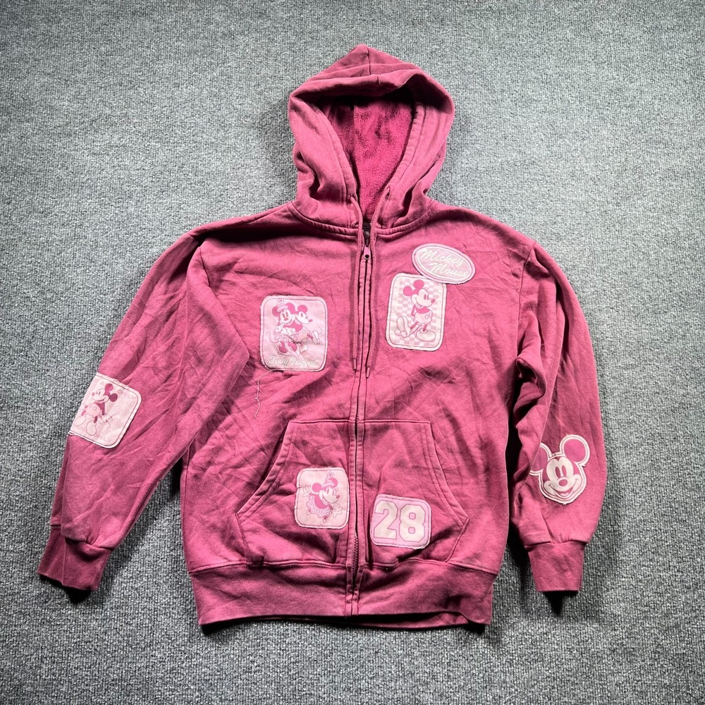Disney Mickey & Friends Hoodie Womens XS Pink Patchwork Fleece Full Zip Hooded